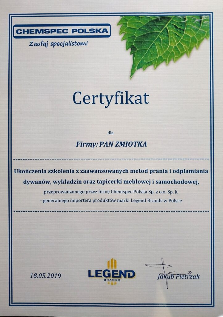 certyfikat ze szkolenia prania tapicerki